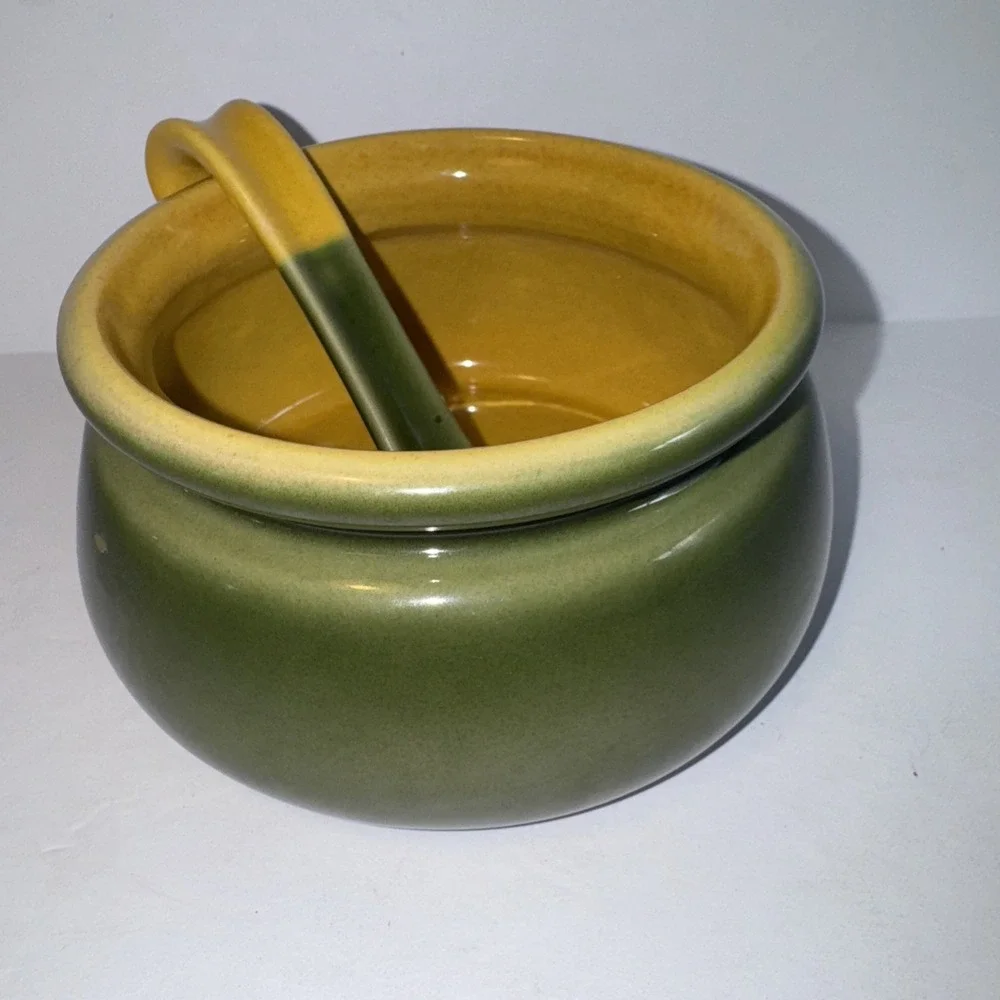 Pier 1 Imports Condiment Sauce Salsa Bowl w/ Ladle - Leaf Pattern - Olive